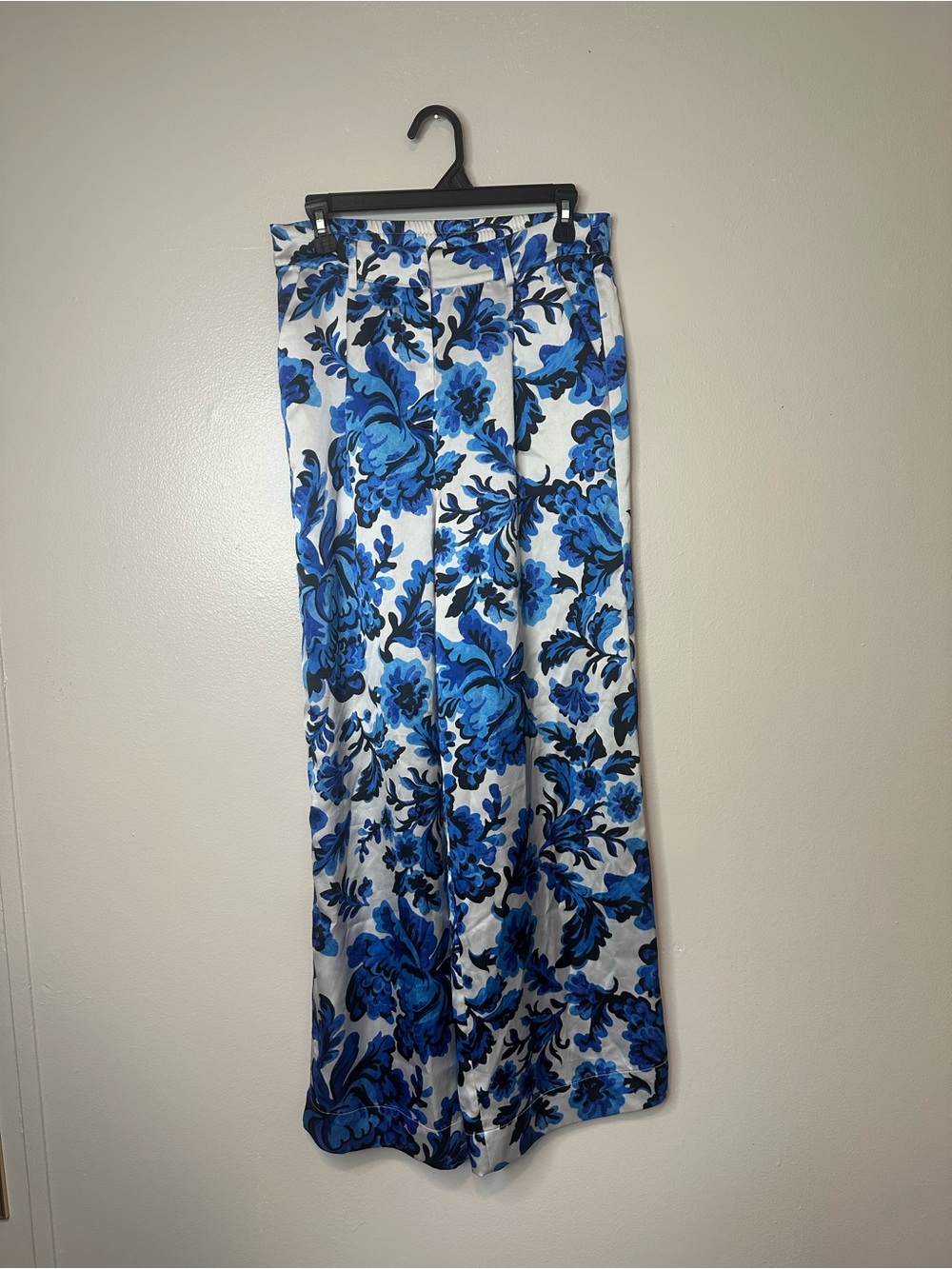 Christian Lacroix wide leg white blue floral satin pants Womens S